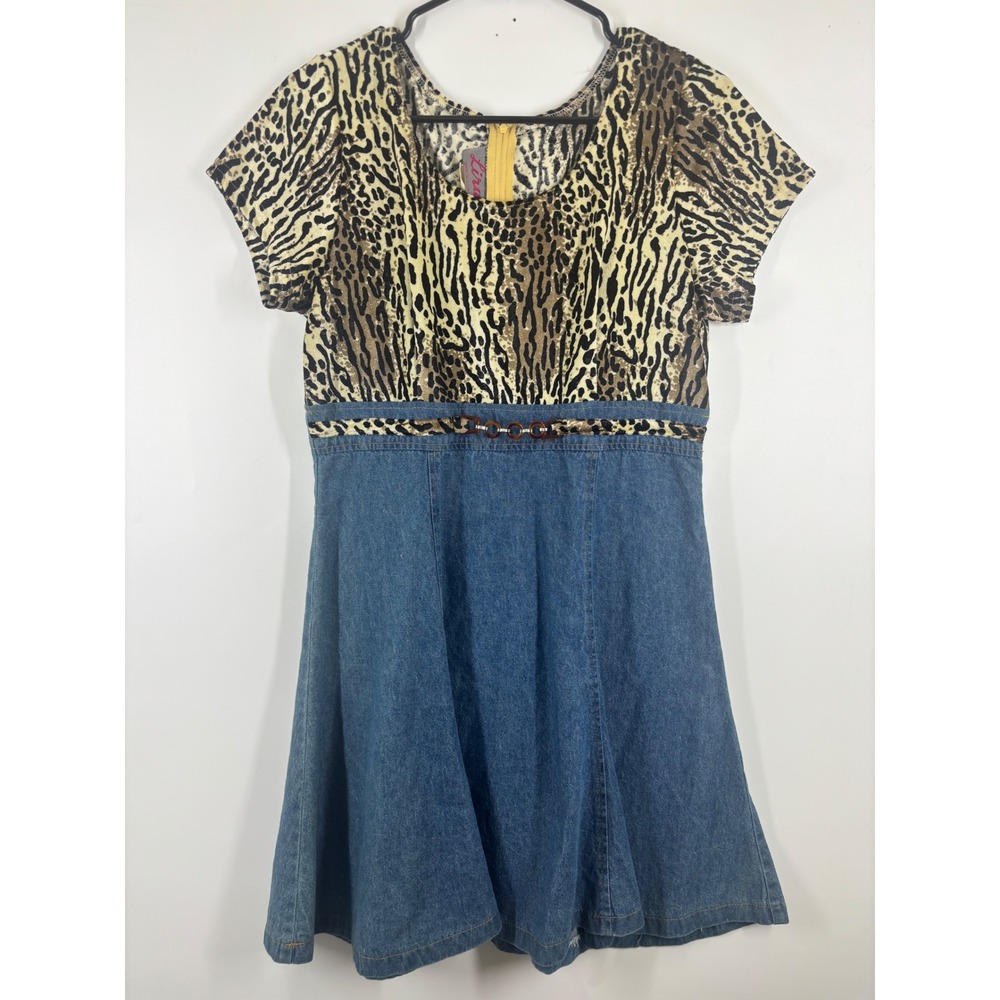 Lina Vintage Leopard Print Denim Y2K Mini Dress‎ Blue Brown Short Sleeve Large